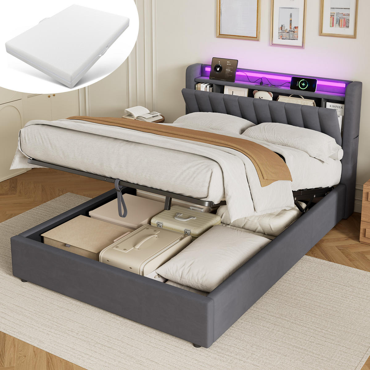 POLSTERBETT 140/200 cm mit Matratze und Stauraum, mit Steckdose und LED Beleuchtung - Grau, Holzwerkstoff/Textil (140/200cm) - STILVORA