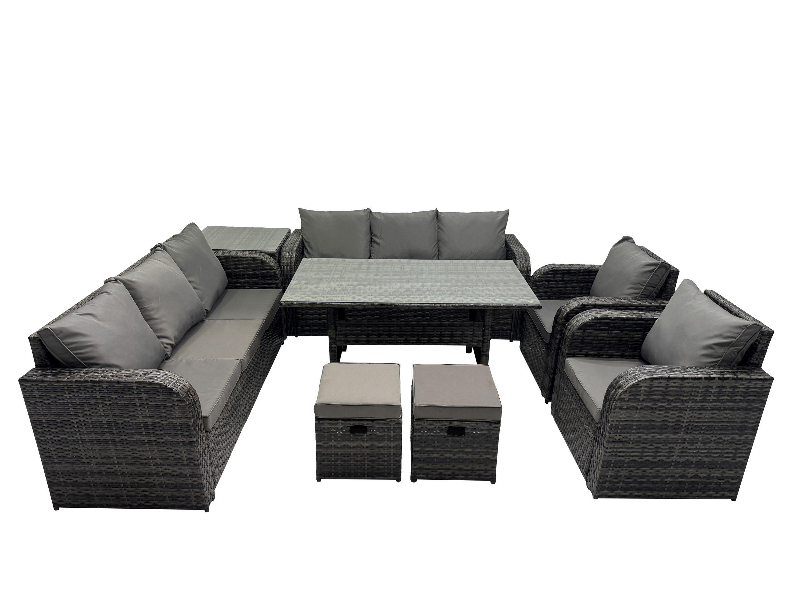 GARTENTISCHGRUPPE mit 2 Hocker Polyrattan Dunkelgrau 8-Sitzer - Dunkelgrau/Grau, Glas/Kunststoff - Fimous