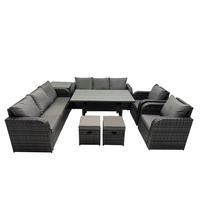 GARTENTISCHGRUPPE mit 2 Hocker Polyrattan Dunkelgrau 8-Sitzer - Dunkelgrau/Grau, Glas/Kunststoff - Fimous