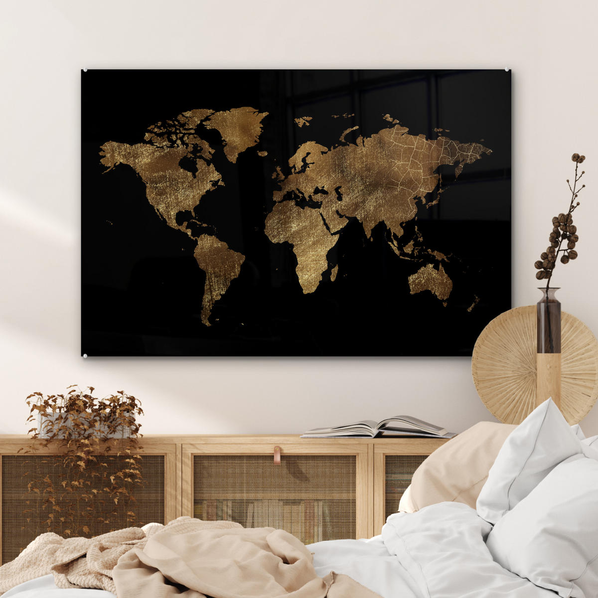 ACRYLGLASBILD Weltkarte - Gold - Luxus - Erde - Schwarz 120x80 cm - Goldfarben, Glas (120/80cm) - MuchoWow