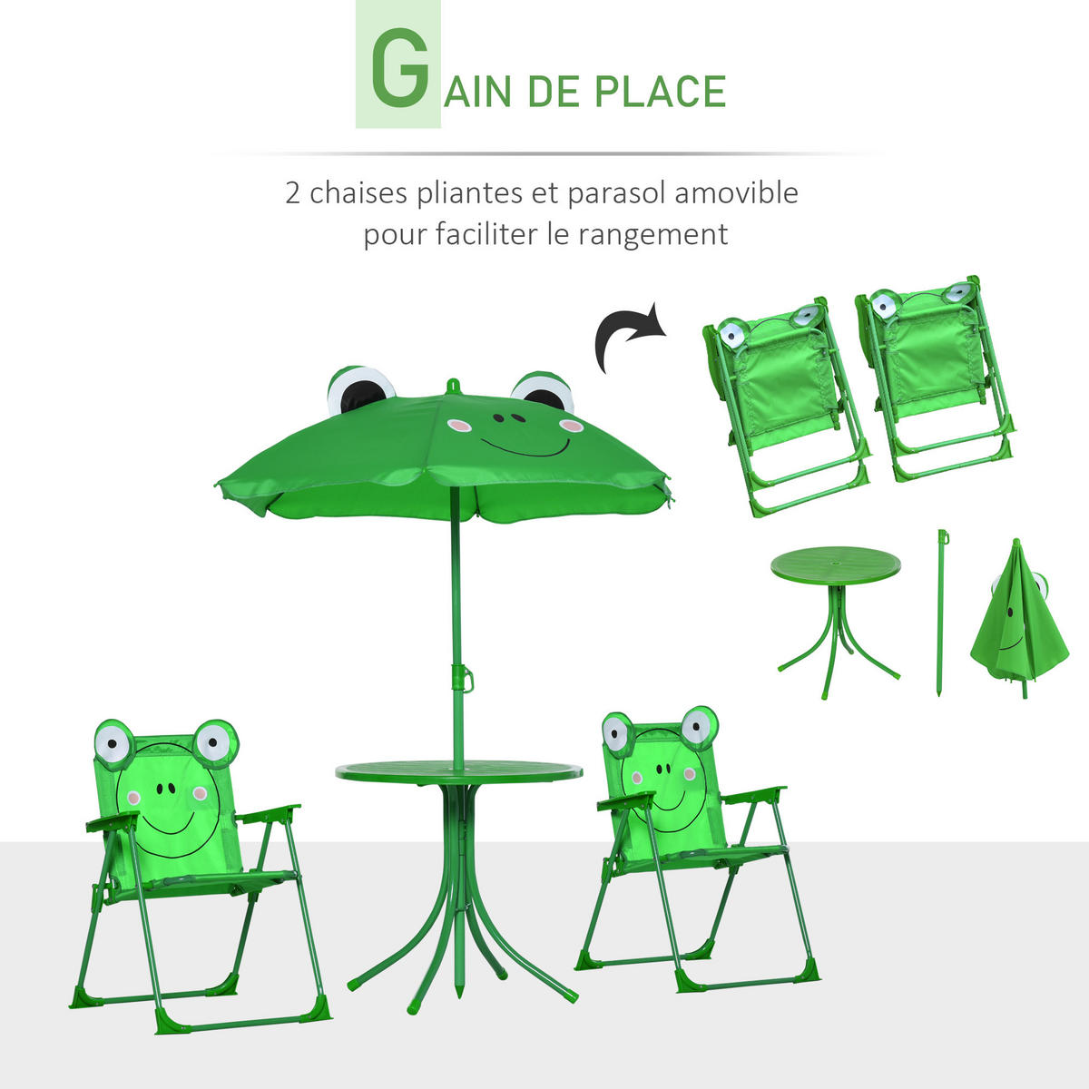KINDERSITZGRUPPE DE-17546 Frosch-Design mit Sonnenschirm Grün - Grün, Metall (50/46/50cm) - ComfortXL