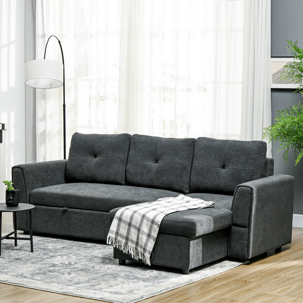 SCHLAFSOFA Ecksofa mit Bettfunktion, 3 Sitzer Couch mit Stauraum, Dunkelgrau - Dunkelgrau/Schwarz, Kunststoff/Textil (141/232cm) - HOMCOM