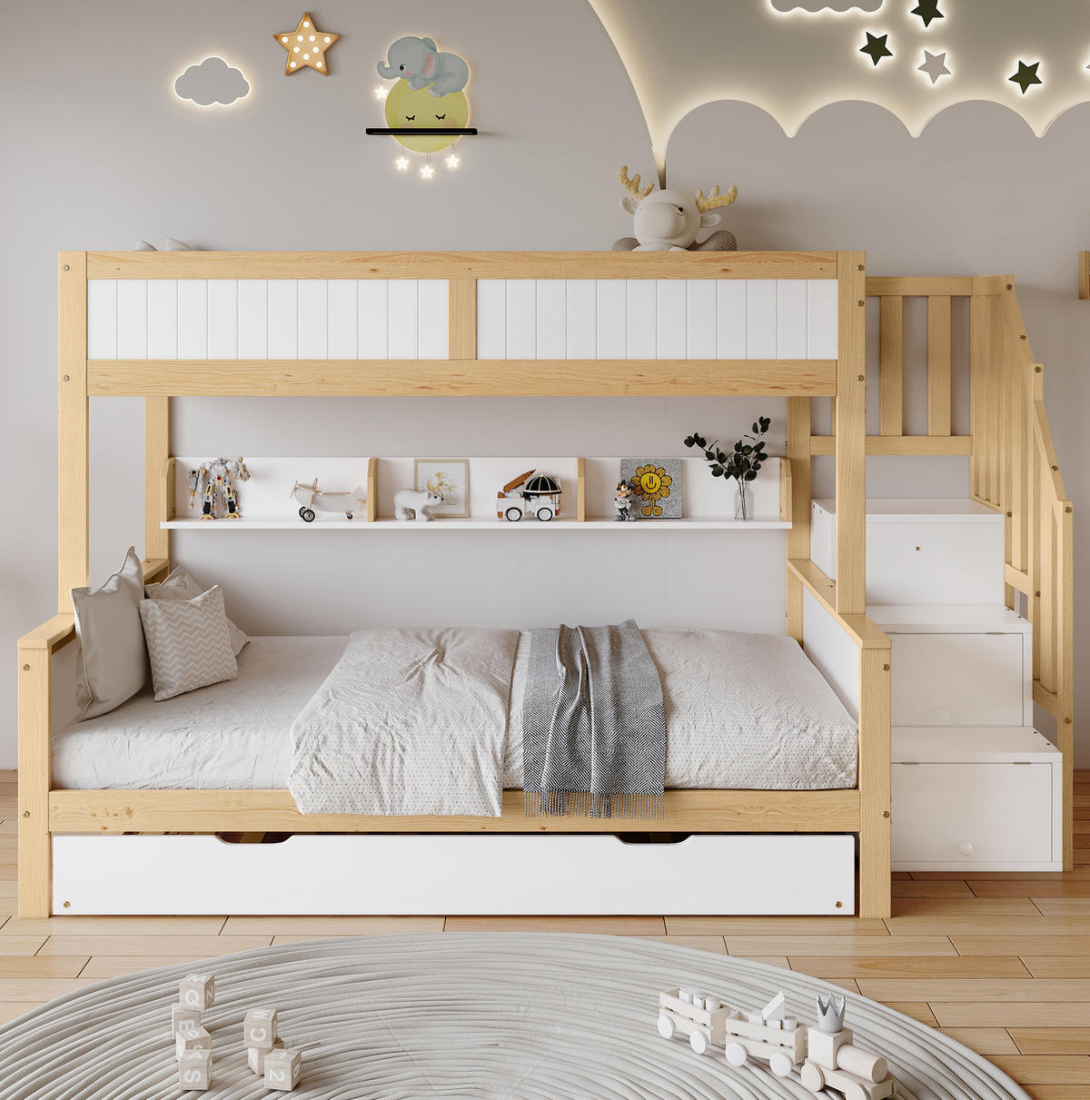 ETAGENBETT aus Kiefer und MDF 90x200/120x200 cm Weiß/Natur mit Rollbett, Stauraumtreppe und Kleiderschrank - Weiß, Holzwerkstoff (90/200cm) - Modfu