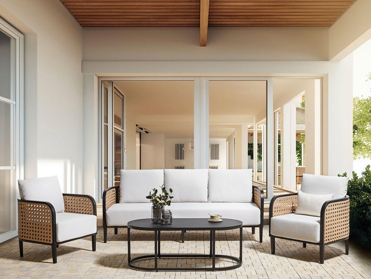 LOUNGE SET 5-Sitzer Aluminium schwarz Auflagen weiß Montefalco - Creme, Metall - Beliani