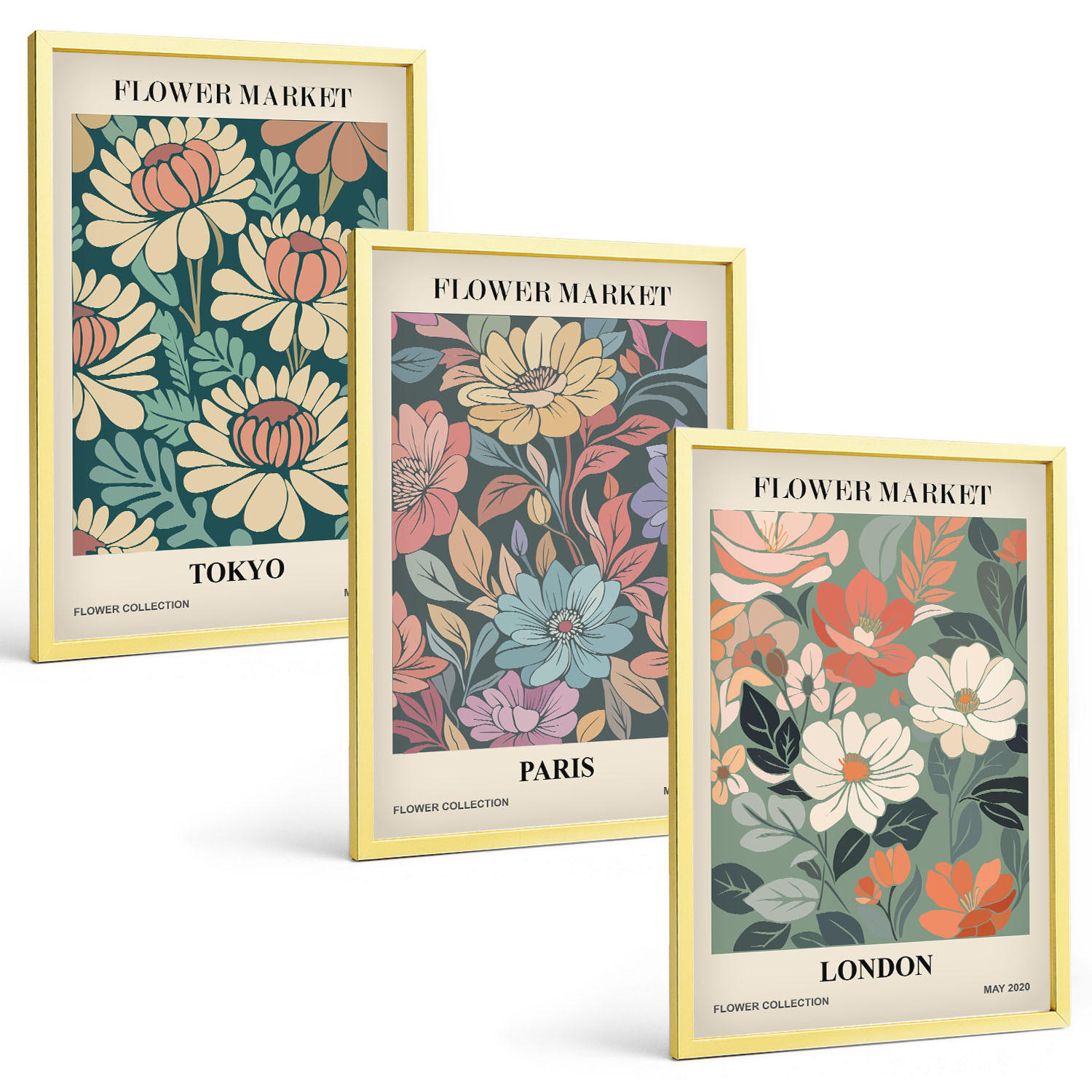 BILDER SET 3er Set - 40x60 cm Goldrahmen - Blumenposter Tokio Paris London - Goldfarben, Kunststoff (40/60cm) - TULUP