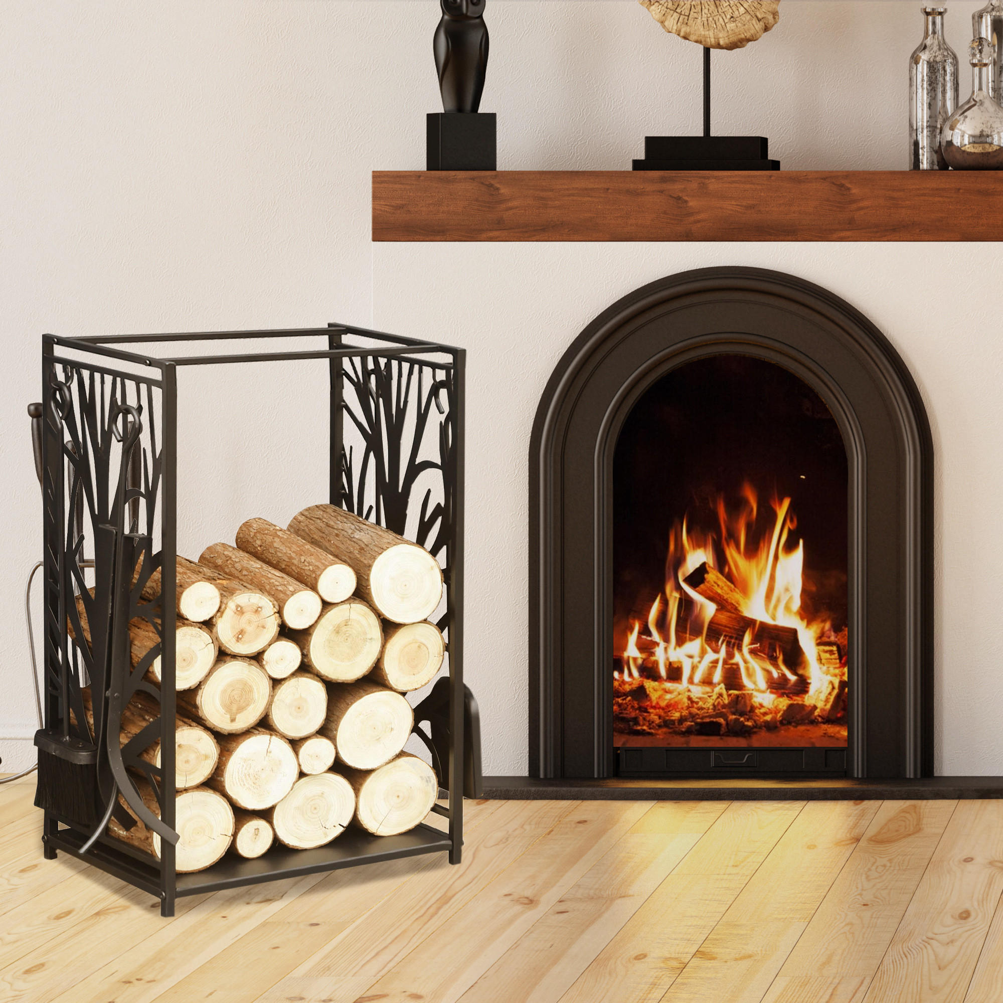 KAMINHOLZREGAL mit Kaminbesteck Erhöhtes Brennholzregal Feuerholzablage Stahl - Schwarz, Metall (30/70/46cm) - HOMCOM