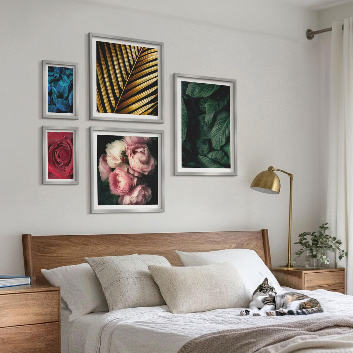 BILDER SET 5er Set - 50x50 cm & 20x30 cm & 40x60 cm Silberner Rahmen - Abstrakte schwarze Muster - Silberfarben, Kunststoff (40/60cm) - TULUP