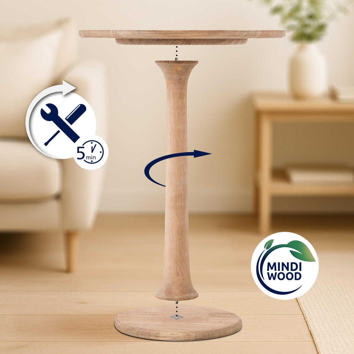 BEISTELLTISCH rund 60 cm Holz Natura - Eukalyptusholzfarben, Holz (60/60/65cm) - CLP