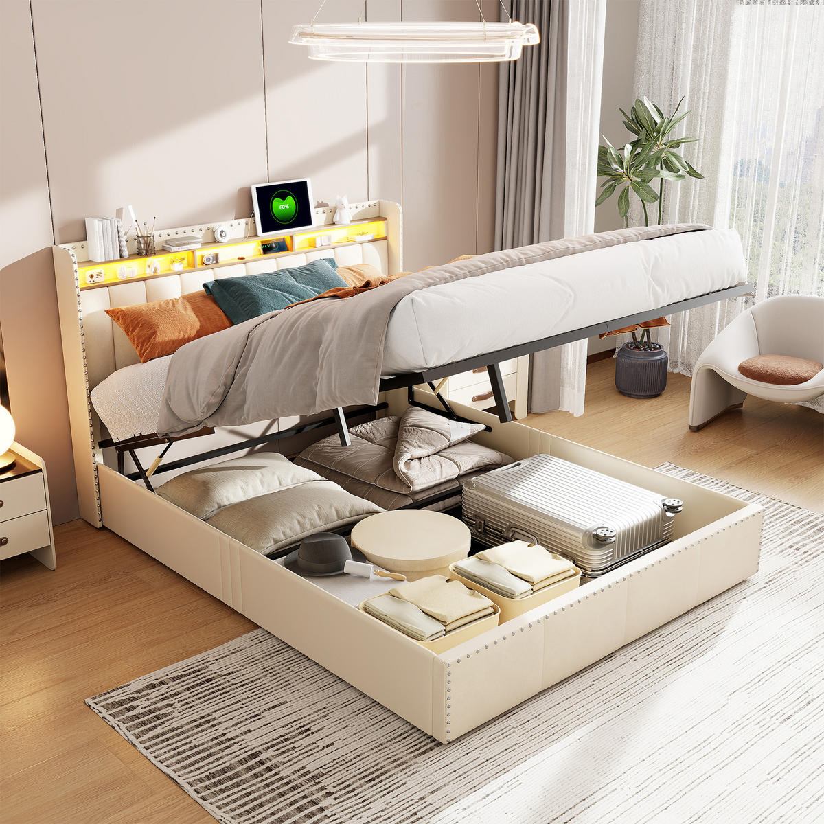 POLSTERBETT 140x200 cm LED Stauraum Kopfteil Lattenrost Samt beige - Beige, Holz (140/200cm) - LEBENLANG