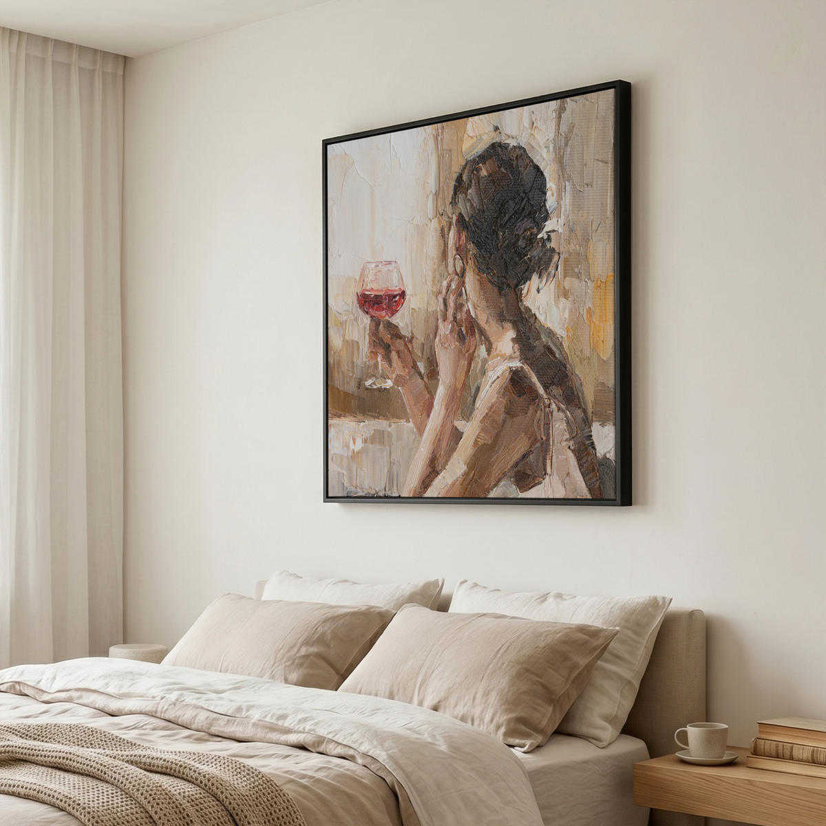 LEINWAND Bilder mit Rahmen - Ölgemälde - Frau - Wein - 90x90 - Hellbraun, Textil (90/90cm) - MuchoWow