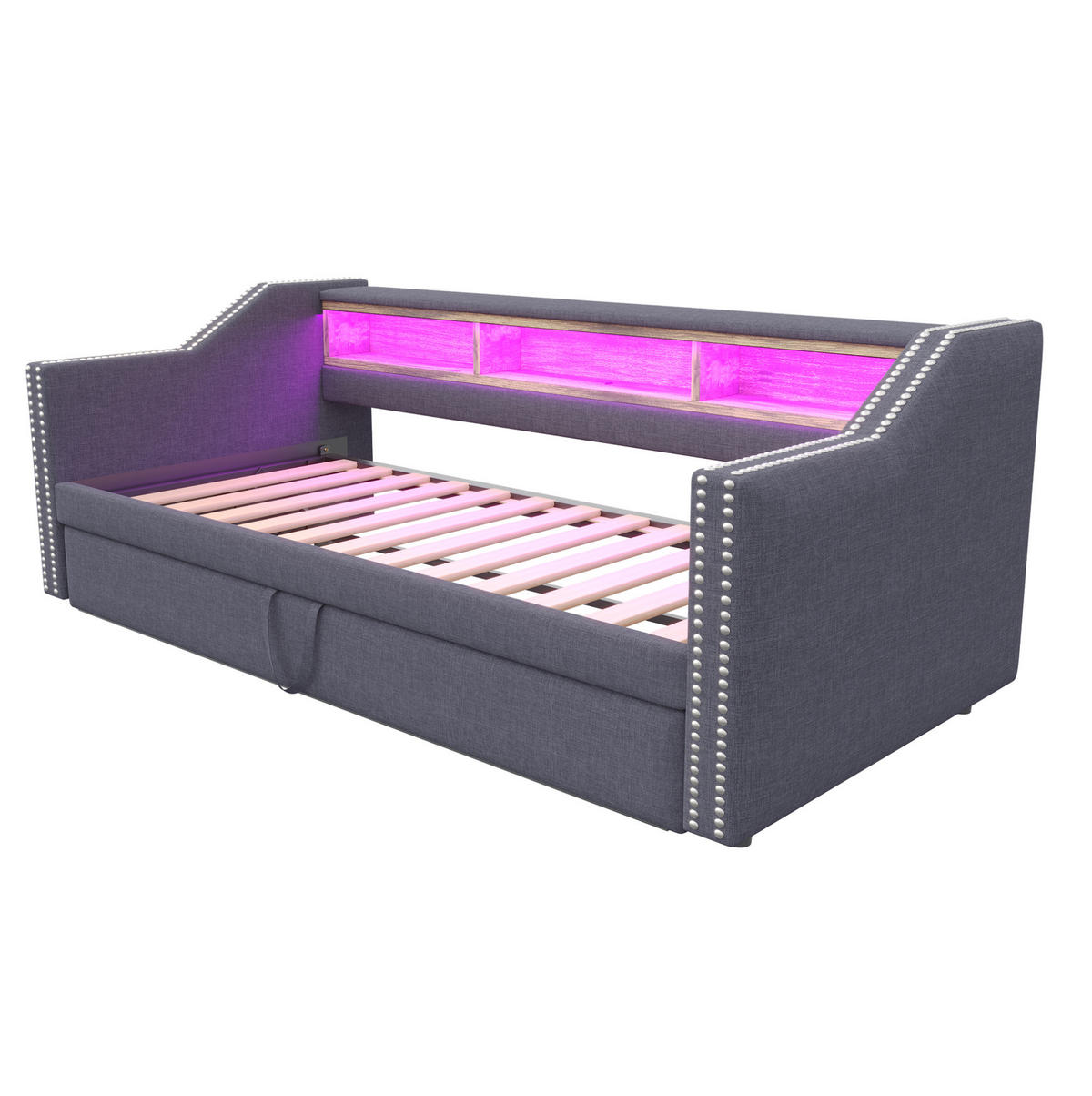 ROZKLÁDACÍ pohovka 90/180 x 190 cm tmavě šedá z lněné tkaniny s LED a USB - tmavě šedá, textil (90/190cm) - OKWISH