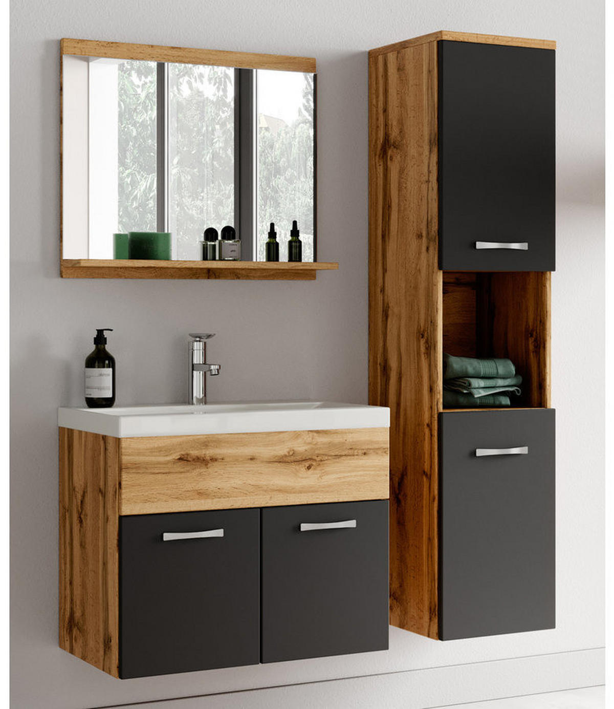 BADMÖBEL-SET Montreal 2 Teile Eiche / Schwarz - 60 x 35 x 51 cm - Eichefarben/Schwarz, Holz (60/51/35cm) - Badplaats