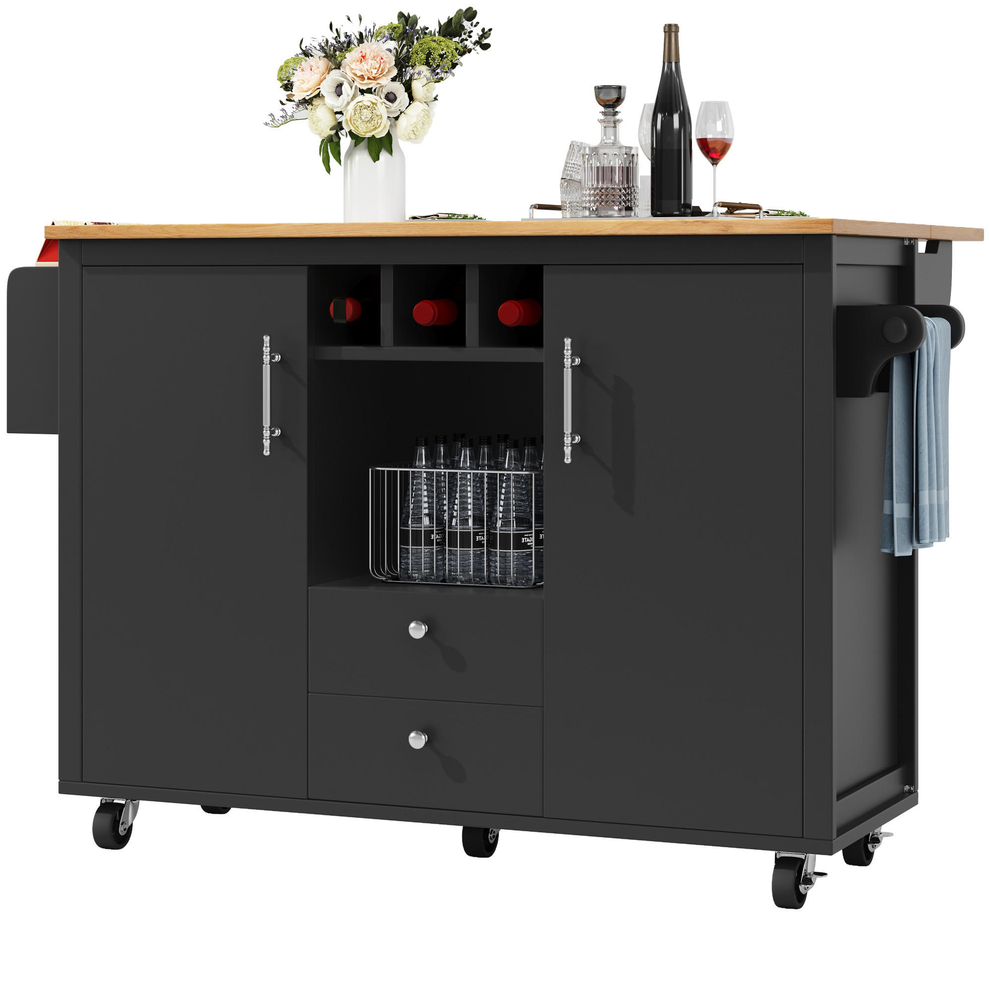 KÜCHENINSEL 137,9/92/73 cm Schwarz aus MDF und Metall mit Klapptisch - Schwarz, Holzwerkstoff (73/92.5/137.9cm) - OKMYHOME