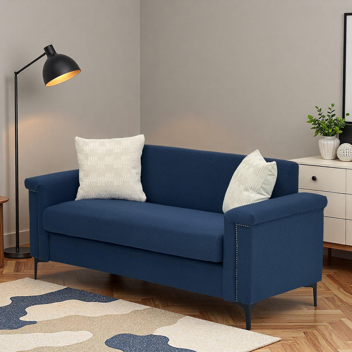 2-SITZER Sofa Polyester-Feinleinen mit Nieten und Metallfüßen 172/73.5/81.5 cm Blau - Blau, Textil (73.5/81.5/172cm) - Redom