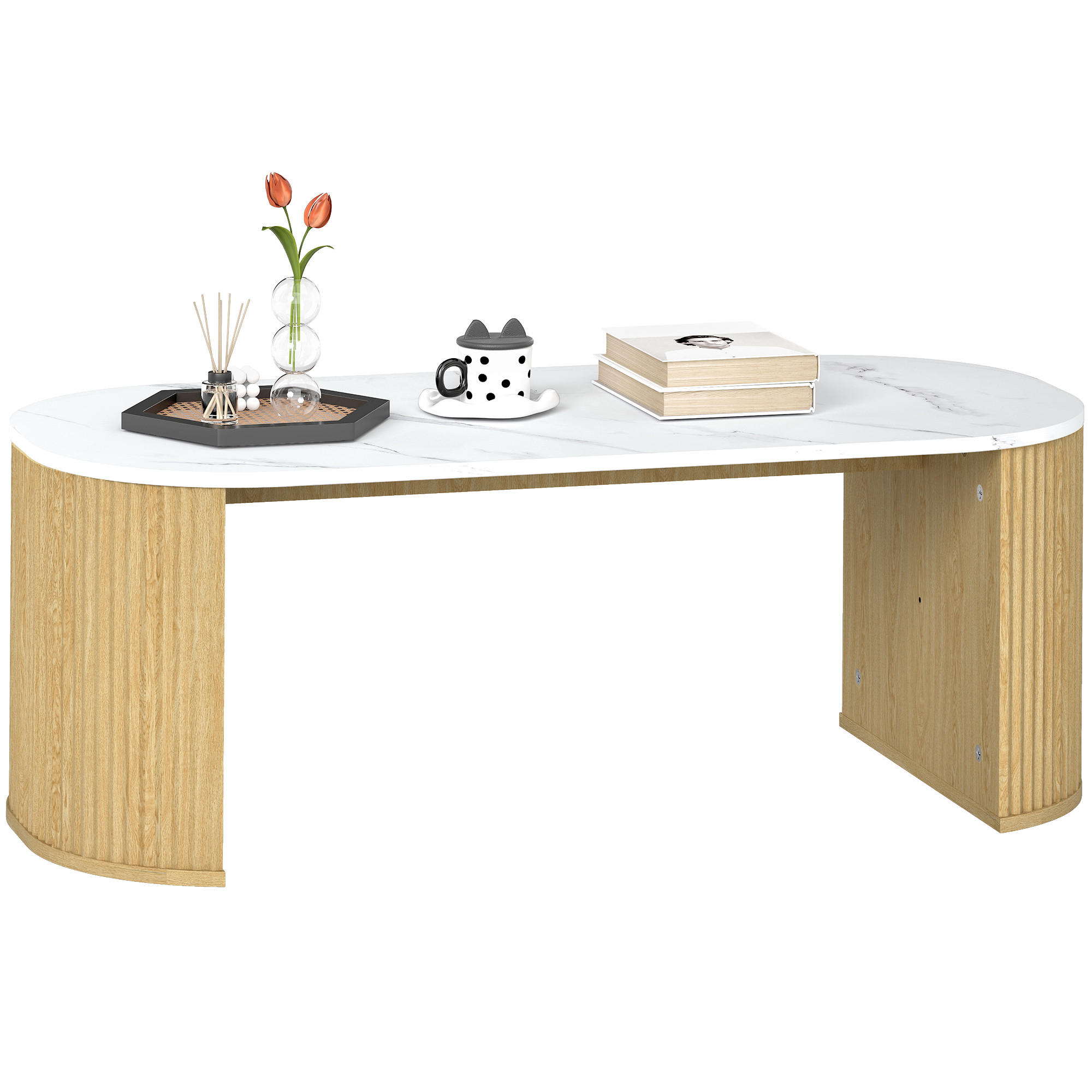 COUCHTISCH DE-15797 oval mit Marmoroptik Weiß - Naturfarben, Holzwerkstoff (110/50/40cm) - ComfortXL