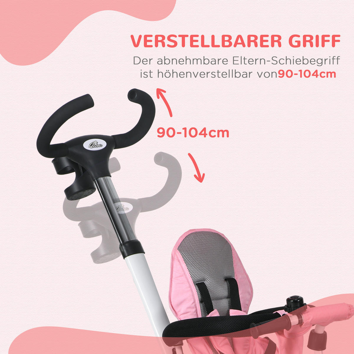 6 in 1 Dreirad mit Schubstange, Kinderdreirad mit Sicherheitsgurt, Sonnendach - Rosa, Metall (112/50/104cm) - HOMCOM
