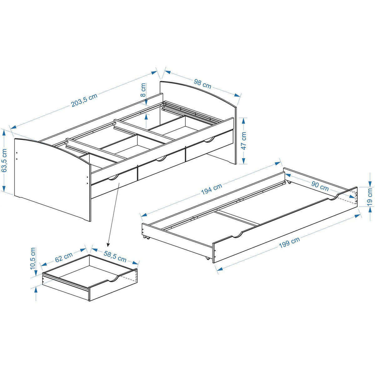 KOJENBETT JULIA 90X200 CM - Weiß, Holz (98/63/205cm) - IDIMEX