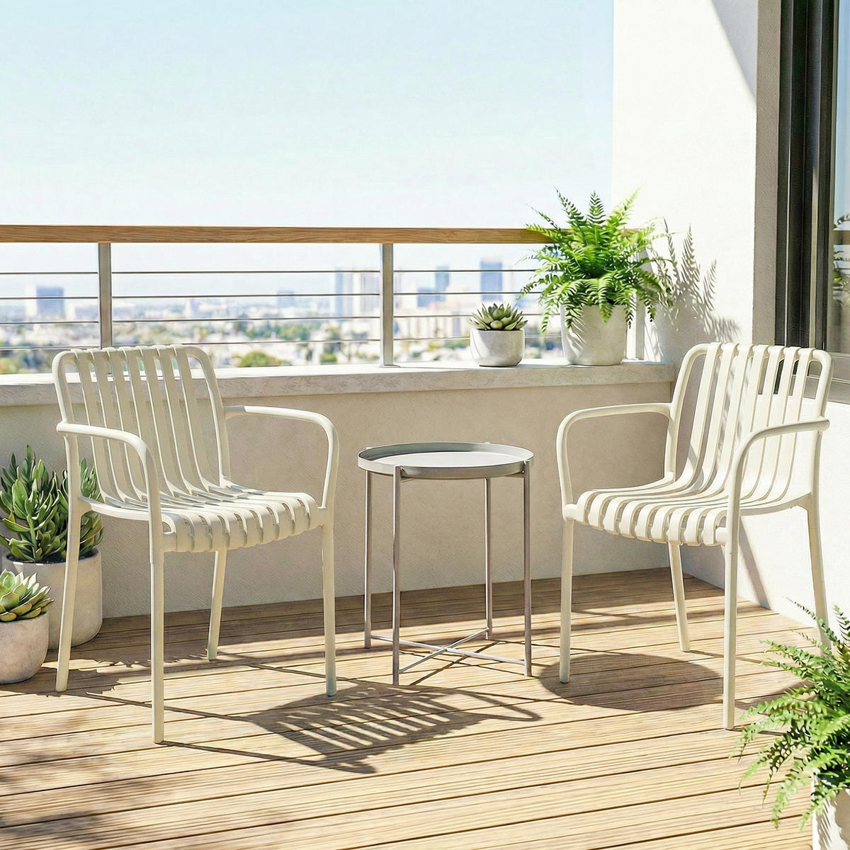 GARTENSTÜHLE 4er Set Stapelbare Terrassenstühle mit Lamelldesign Armlehnen, Ergonomisch Cremeweiß - Creme, Kunststoff (58.5/81.5/55cm)