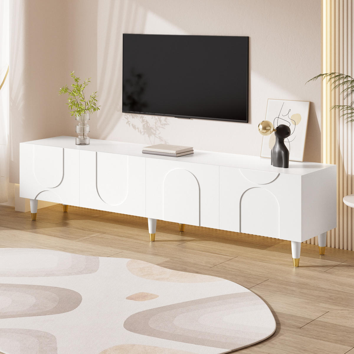 TV-LOWBOARD 180 x 40 x 50 cm aus MDF, 4 Türen, asymmetrische Bogenfront, Weiß - Weiß, Holzwerkstoff (180/50/40cm)