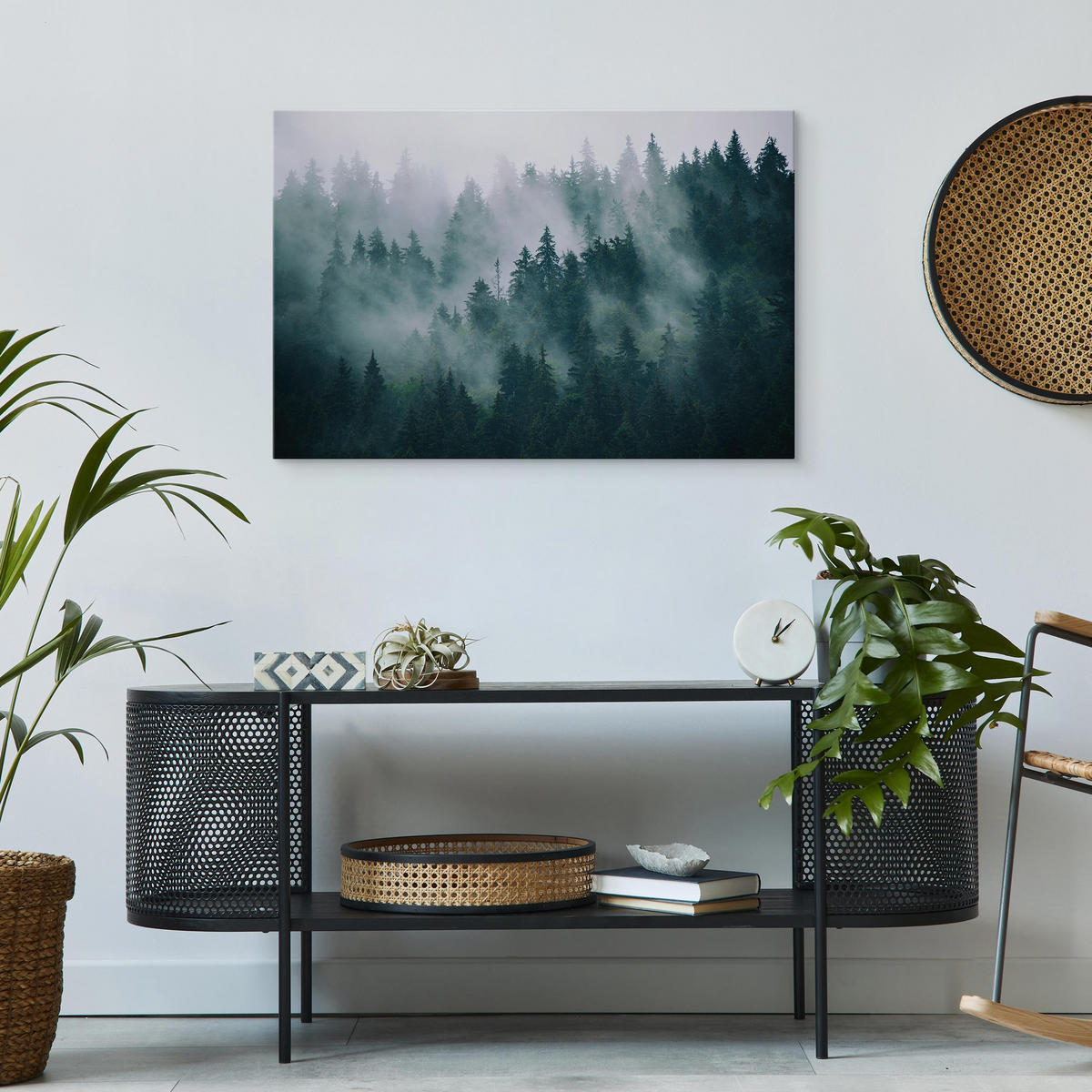 LEINWANDBILD Wald im Nebel Natur Landschaft 3D 100x70 - Schwarz/Weiß, Textil (100/70cm) - Muralo