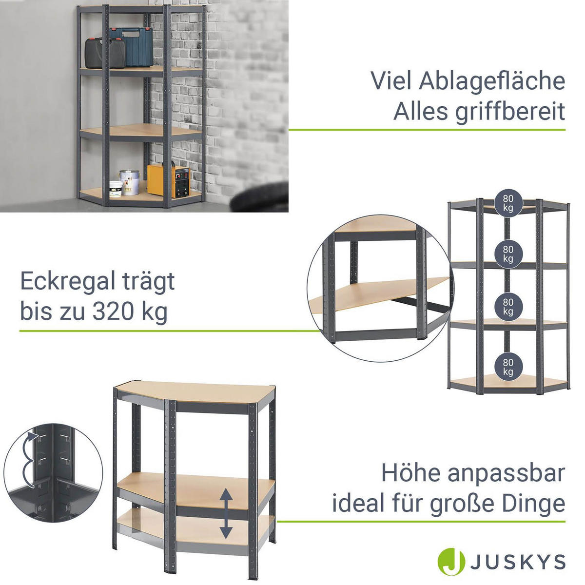 ECKREGAL Lagerregal Corner Easy grau 160x75x75 cm - Grau, Metall (75/160/75cm) - Juskys