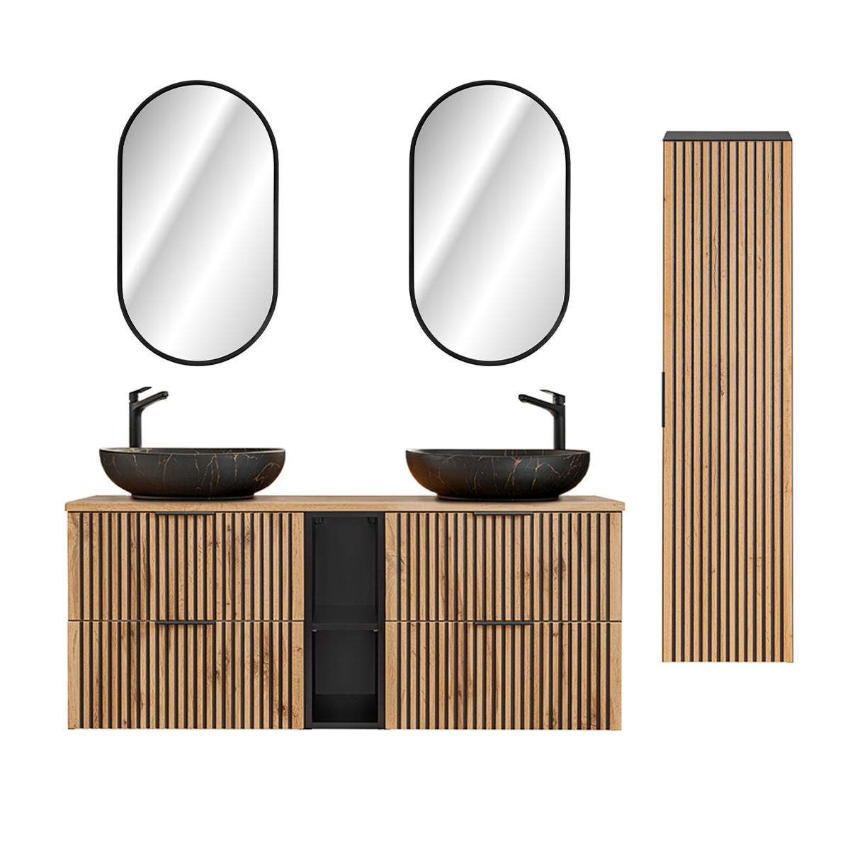 BADMÖBEL 140.6cm Gaia 2er-Set Holz in Eichenoptik und Schwarz - Schwarz, Holzwerkstoff (140.6/59/46cm) - Petits-meubles