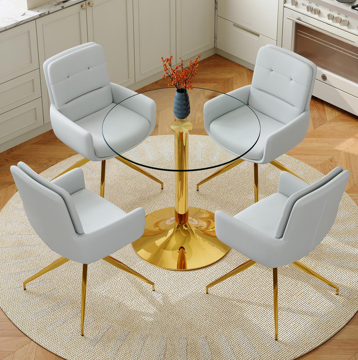 ESSGRUPPE rund 85 cm Glas Gold mit 4 Drehstühlen Hellgrau - Transparent, Metall (85/76/85cm) - Meubliv