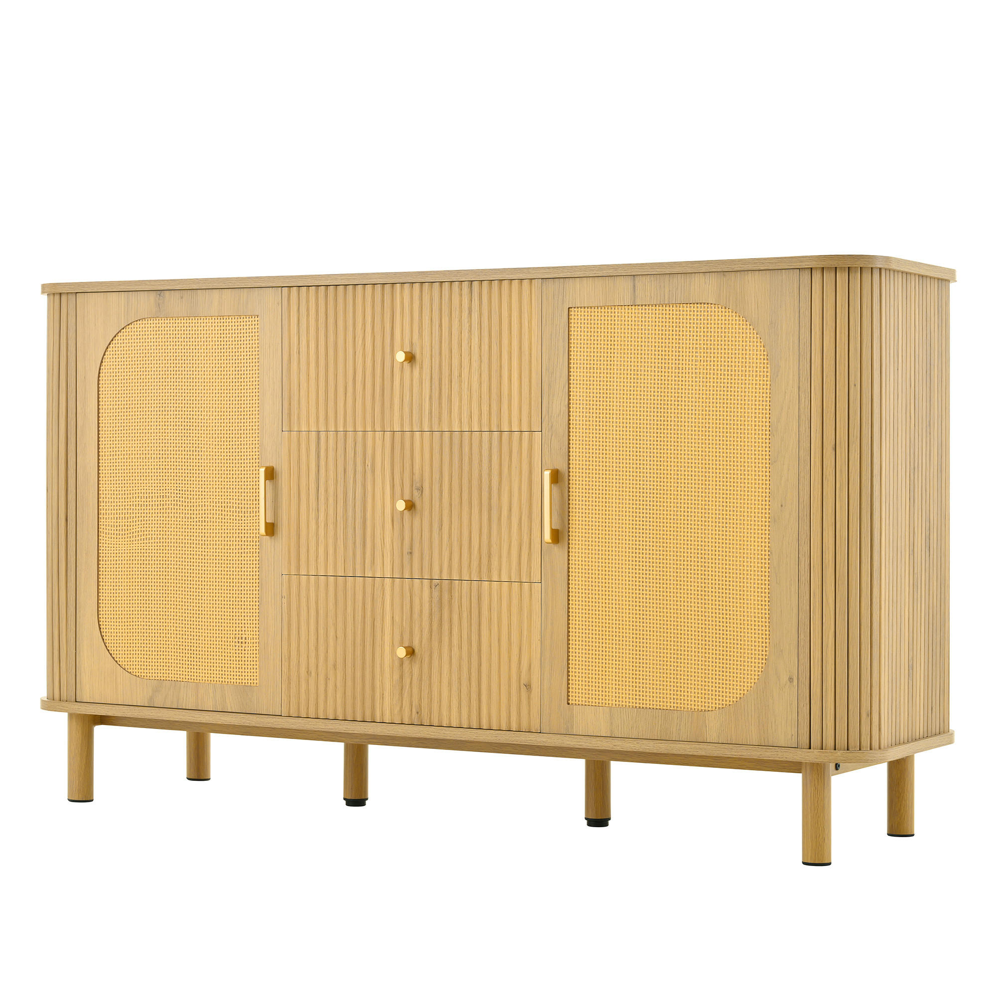 SIDEBOARD Rattanoptik, Schubladen, Metallfüße, Holzdekor - Kastanienfarben, Holz (140/80/40cm)
