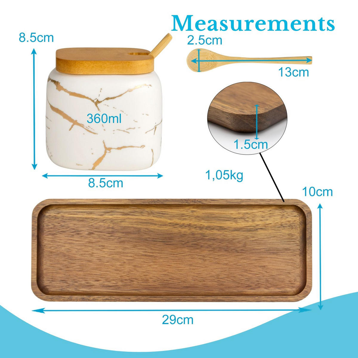 ZUCKERDOSE Vorratsdose mit Deckel Löffel Holztablett (3er-Set) - Weiß, Keramik (8.5/11.5cm) - Intirilife