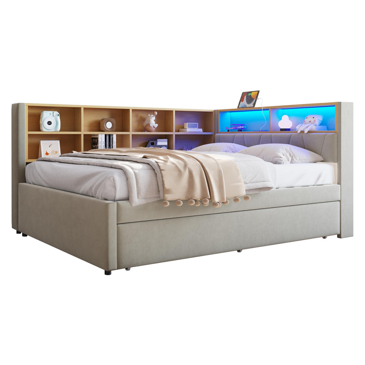 POSTEĽ 213/153/98 cm svetlosivá, s LED osvetlením a úložným priestorom - svetlosivá, textil (90/190cm) - BEAOK