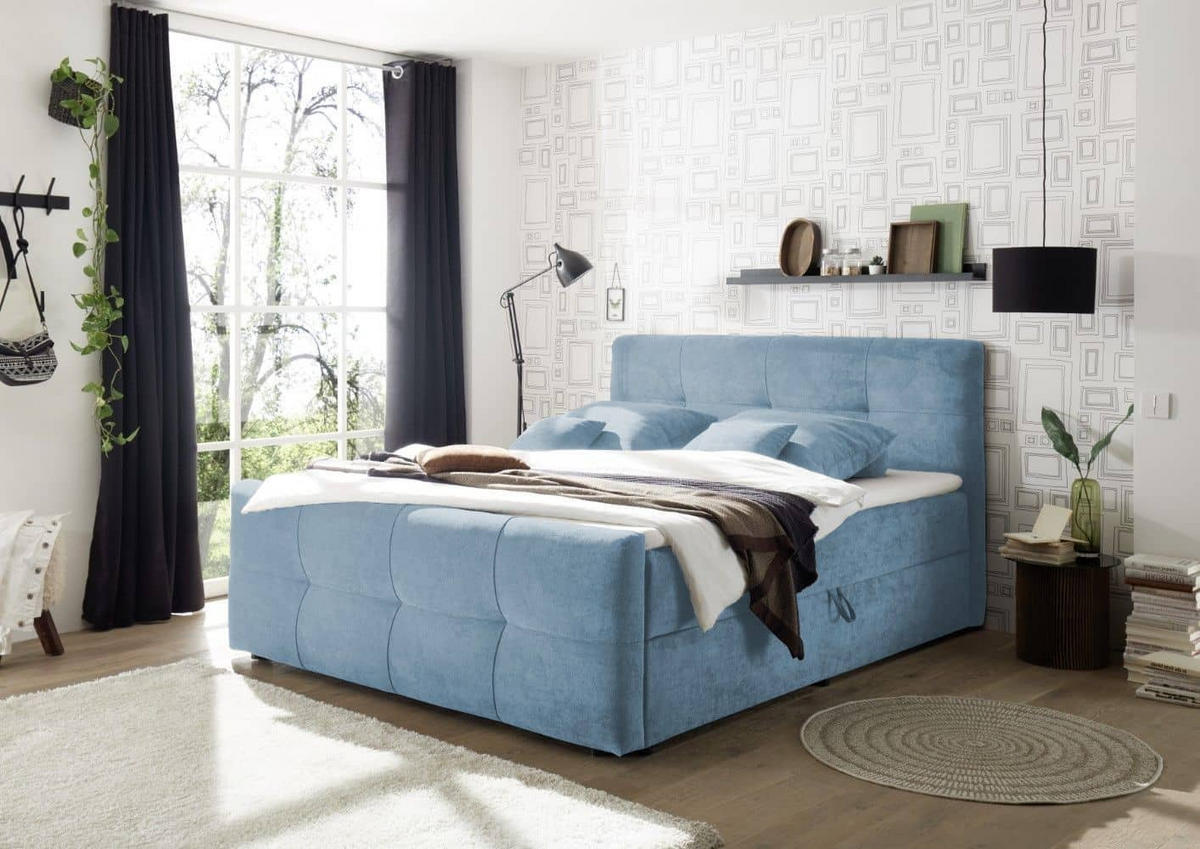 BOXBETT mit 9‑Zonen-Tonnentaschenfederkern-Matratze, HR-30-Topper, Bettkasten - Blau/Schwarz, Holz/Kunststoff (180/200cm) - ed exciting design