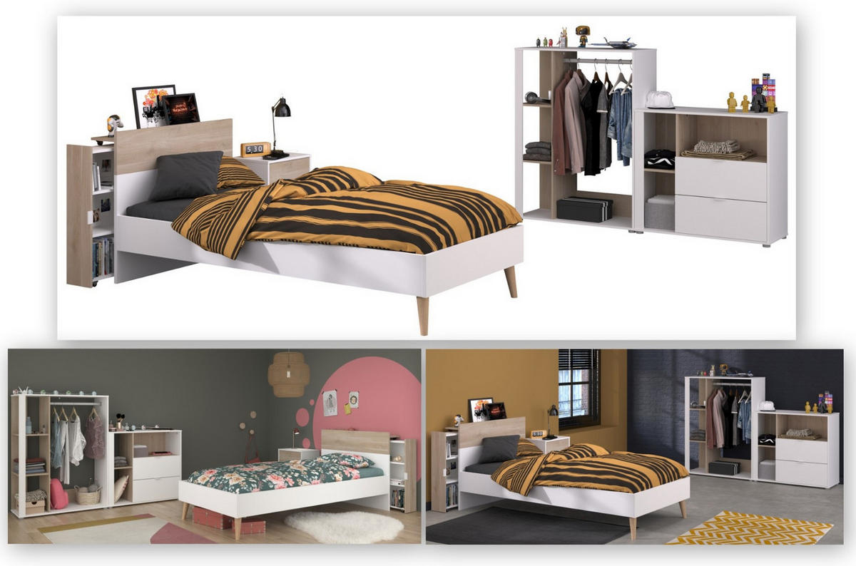 JUGENDZIMMER weiß, Eiche, Komplett-Set 5-teilig mit vielen Fächern - Eichefarben/Weiß, Holzwerkstoff (95/123/206cm) - Parisot Meuble