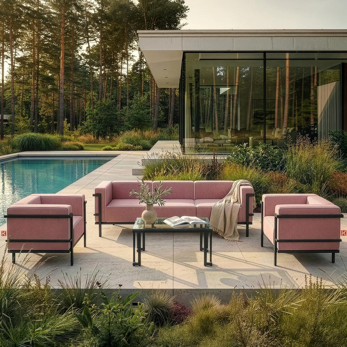GARTENSOFA TRIGLO 3-Personen, Stahlrahmen, Modern, Dunkelgrau - Dunkelgrau/Rot, Textil/Metall (229/70/69cm) - KONSIMO®