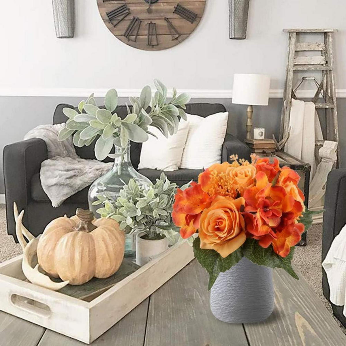 KUNSTBLUMENSTRAUSS 2er Set Hortensie Rosenbouquet Höhe 30cm Orange - Orange, Kunststoff (10cm)