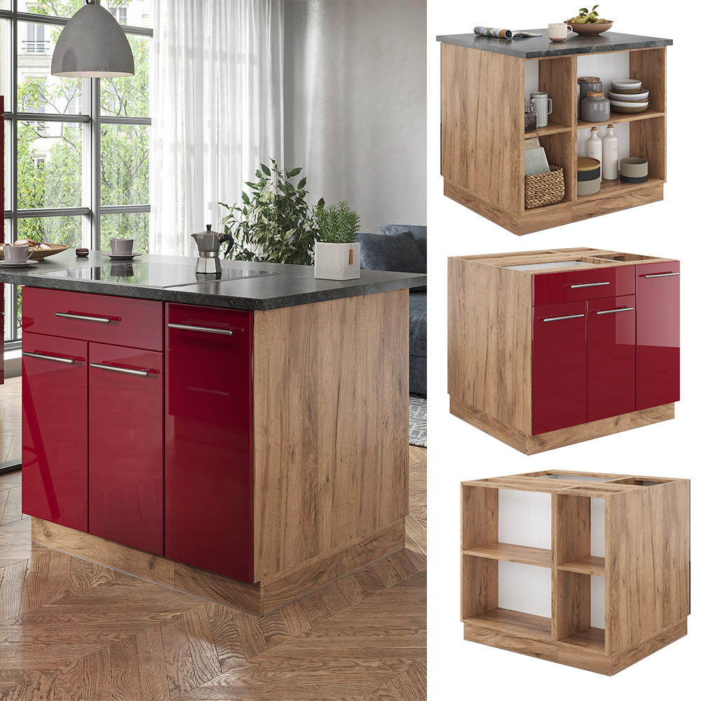 KÜCHENINSEL Fame-Line Bordeaux Hochglanz/Goldkraft Eiche 90 cm ohne AP - Bordeaux/Eiche Wotan, Holzwerkstoff (90/82/60cm) - Vicco