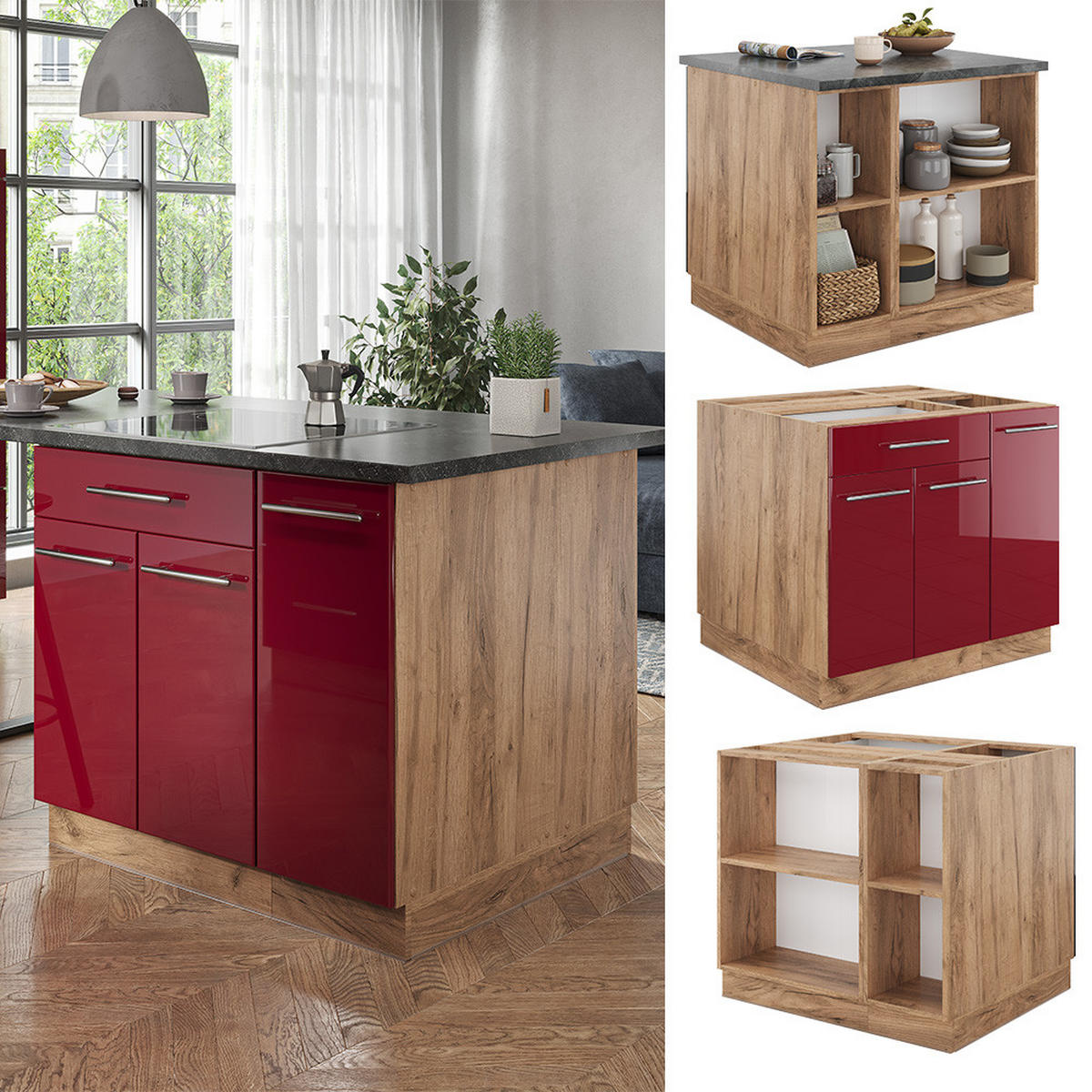KÜCHENINSEL Fame-Line Bordeaux Hochglanz/Goldkraft Eiche 90 cm ohne AP - Honigeiche/Bordeaux, Holzwerkstoff (90/82/60cm) - Vicco