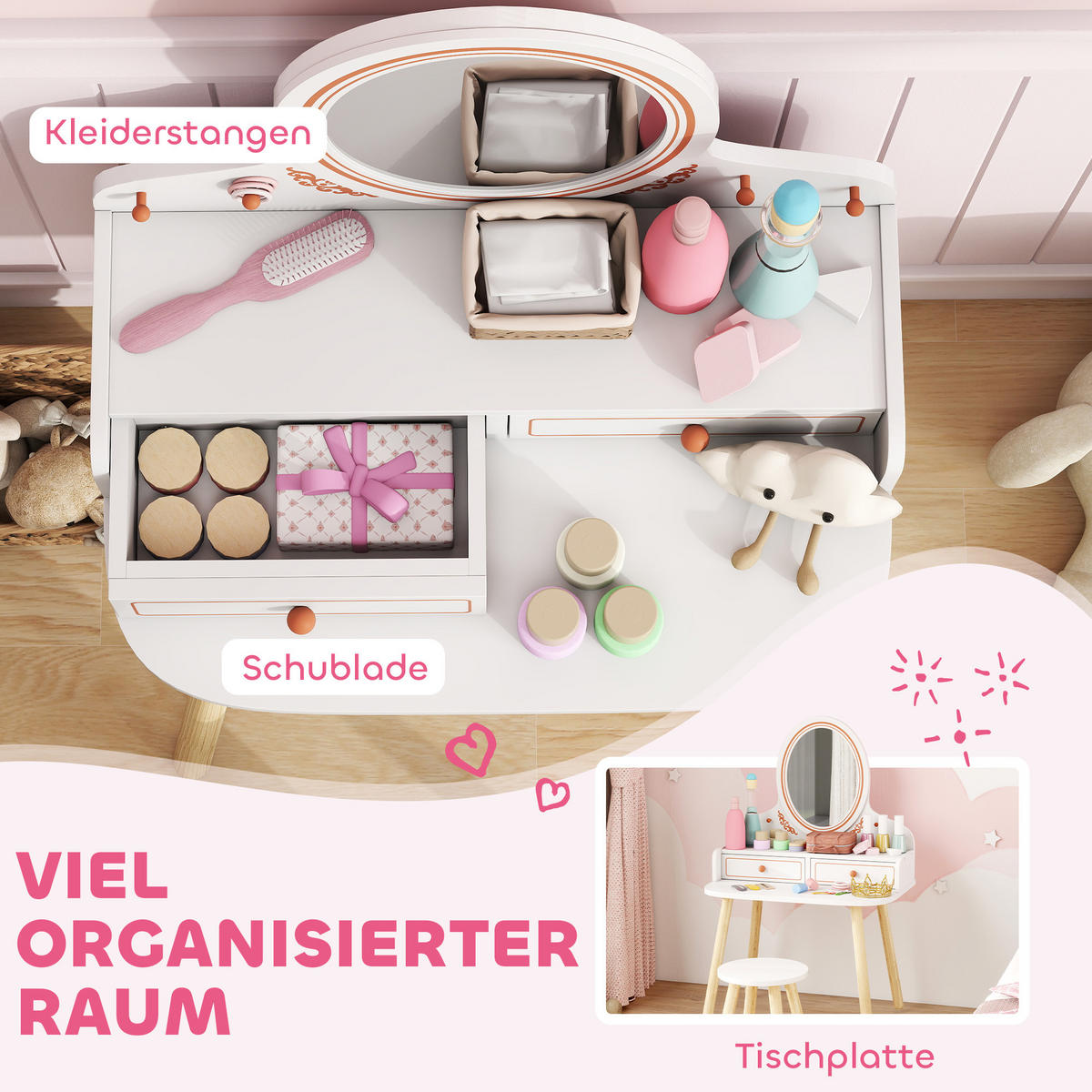 SCHMINKTISCH-KINDER MDF Kiefernholz Weiß - Weiß/Kieferfarben, Holzwerkstoff (38/87.8/56cm) - AIYAPLAY