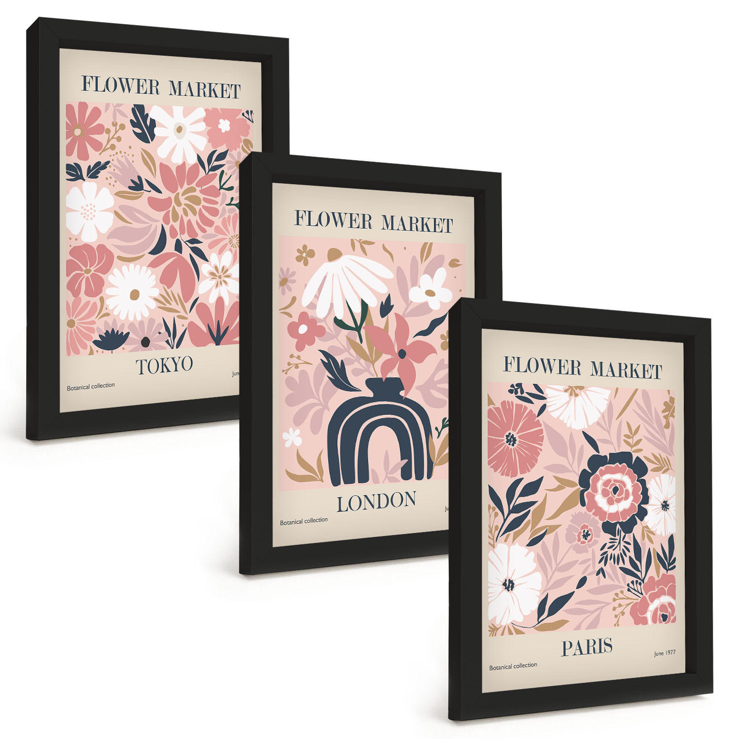 BILDER SET 3er Set - 20x30 cm Schwarzer Rahmen - Blumenmotive Tokio London Paris - Schwarz, Kunststoff (20/30cm) - TULUP