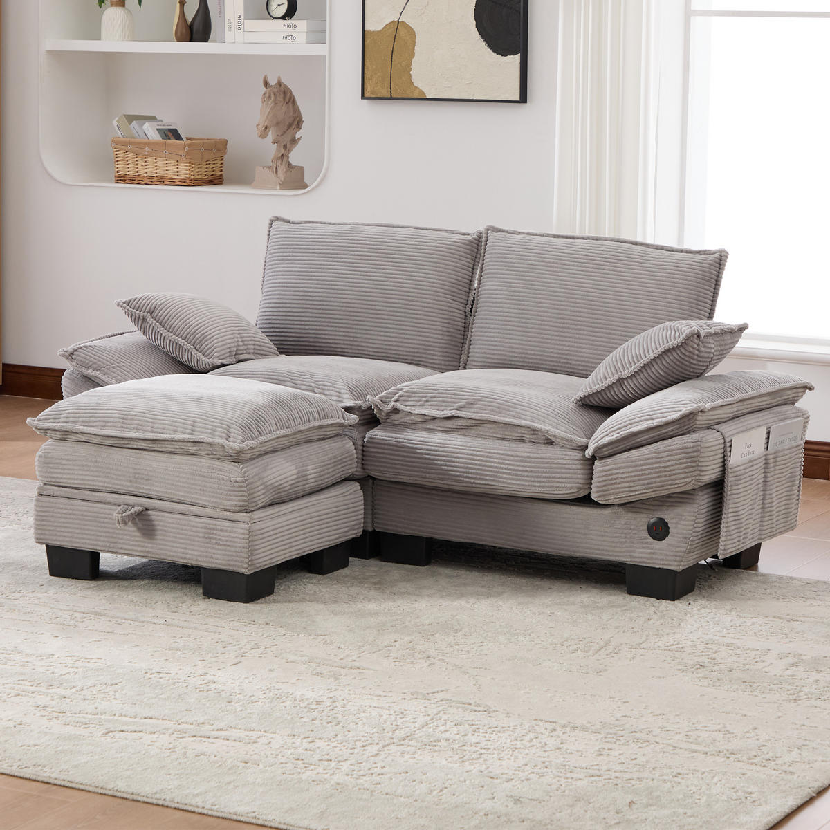 2-SITZER SOFA Cord Hellgrau mit Hocker, USB-C und Seitentaschen - Hellgrau, Holzwerkstoff/Kunststoff (190/132cm) - WISHDOR