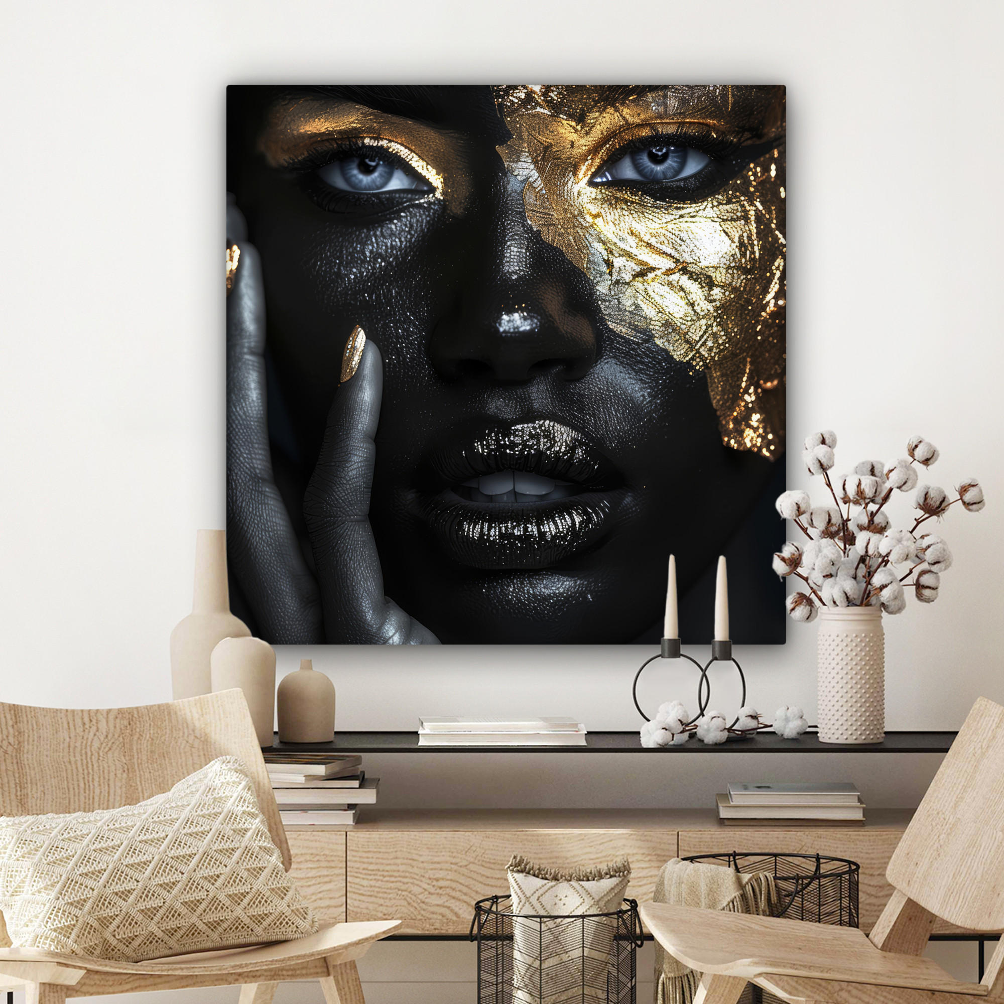LEINWANDBILD Frau - Gold - Porträt - Schwarz-Weiß - Luxus 90x90 cm - Hellblau, Textil (90/90cm) - MuchoWow
