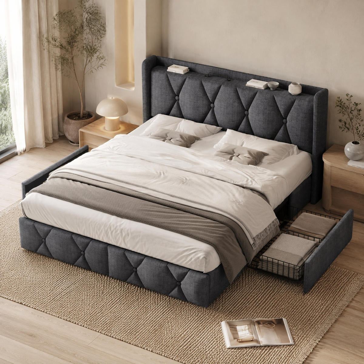POLSTERBETT 140/200 mit Steckdosen, USB und 4 Schubladen in Grau - Grau, Holzwerkstoff/Textil (140/200cm) - EVRYAE