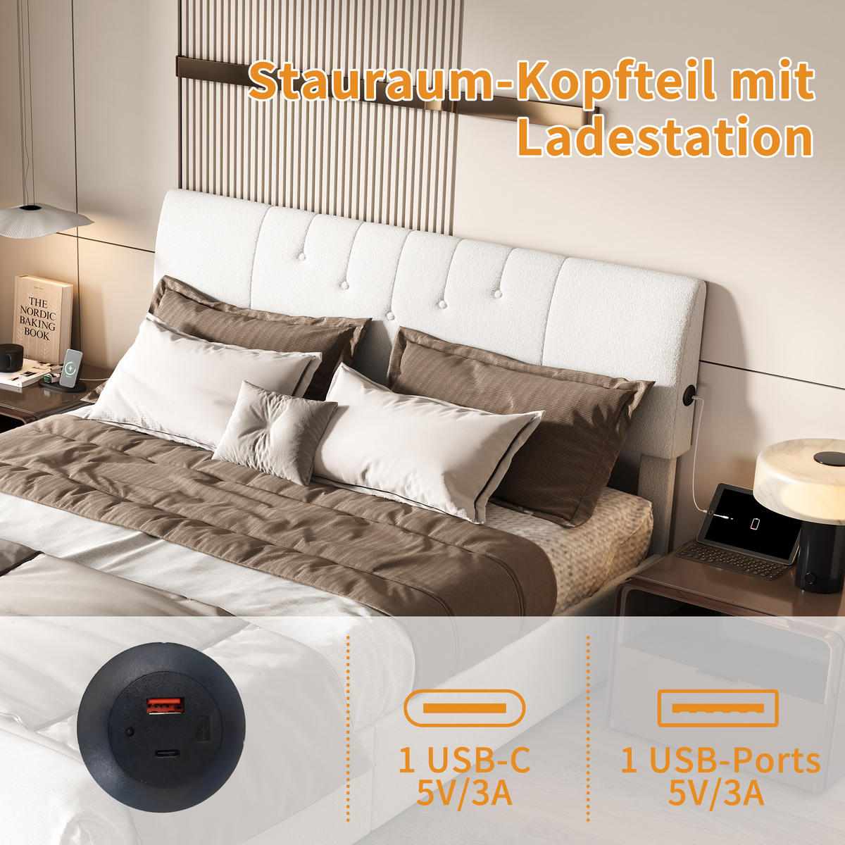 POLSTERBETT 140/190 cm Creme mit Bettkasten und USB-Anschlüssen - Weiß, Holz (140/190cm) - SHOPENTRA