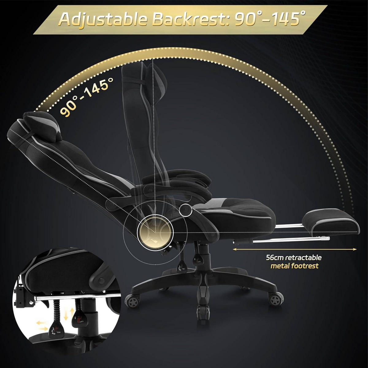 GAMINGSTUHL Stoff Stoff Kühl im Sommer Ergonomischer, 150 kg Belastbarkeit - Schwarz/Grau, Kunststoff/Textil (70/128/70cm) - Woltu