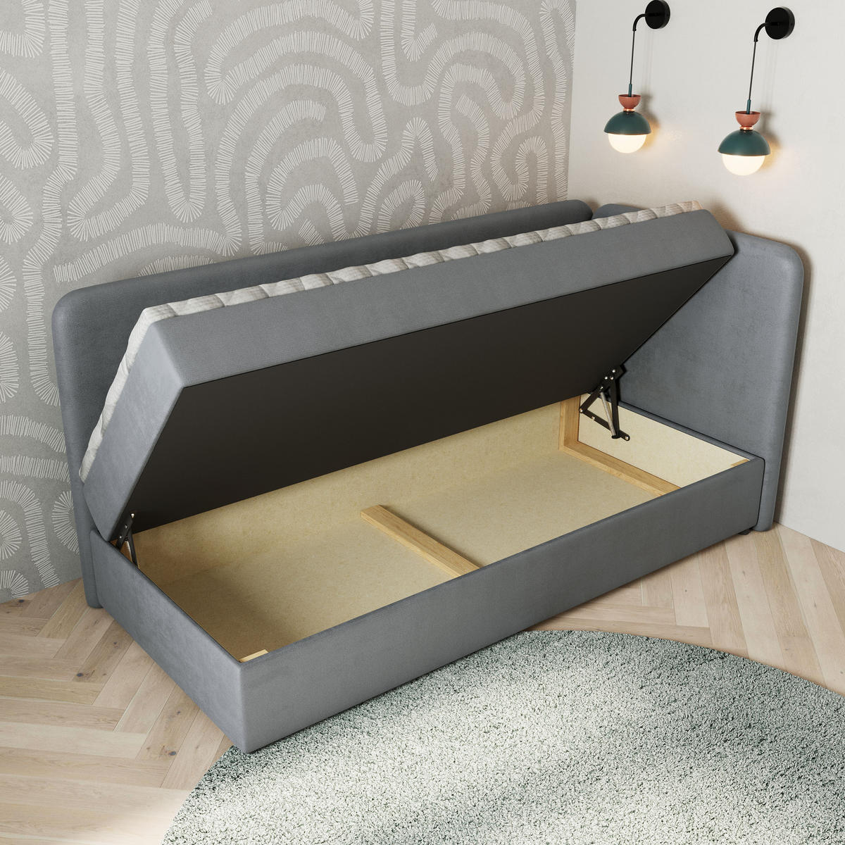 BOXBETT GINA 100x200 cm mit Matratze und Topper, H2+H3 - Grau - Grau, Holz (100/200cm) - MASSENO