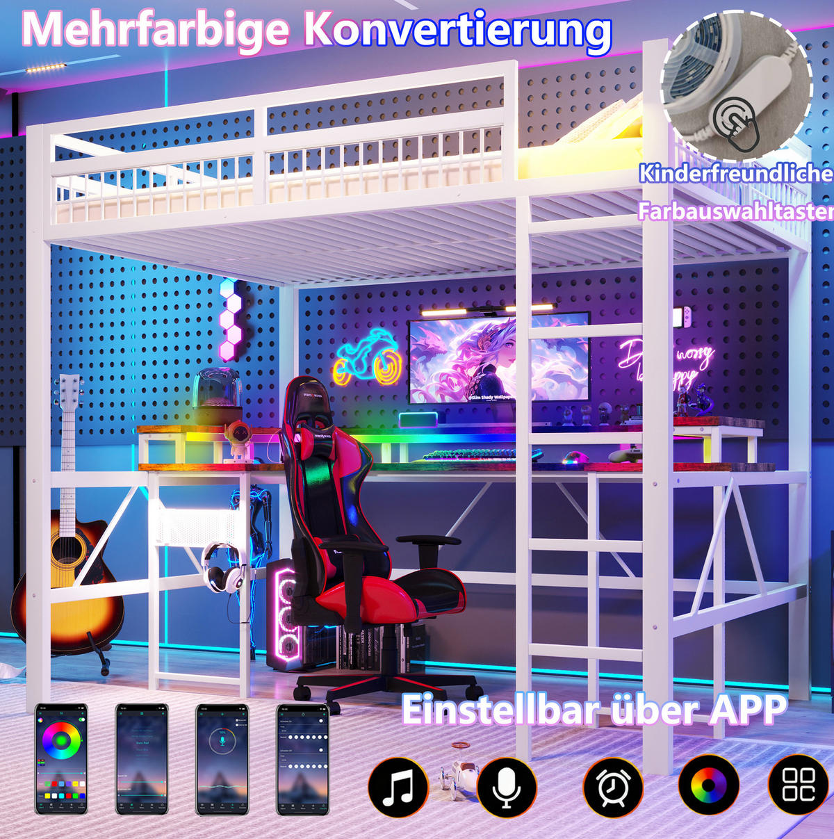 HOCHBETT 140/200 cm Weiß aus Metall und MDF mit Schreibtisch und LED - Weiß, Metall (140/200cm) - OKWISH