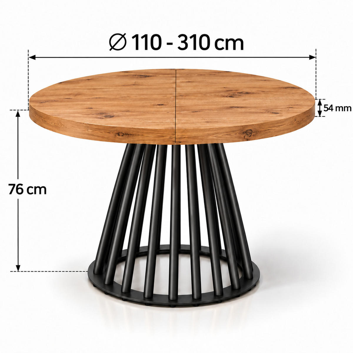 ESSTISCH rund ausziehbar 100/300/76 cm, Eiche Craft, 54 cm Tischplatte + Lamellen-Metallgestell Schwarz - Eichefarben/Schwarz, Holzwerkstoff/Metall (100/300/76cm) - Damale Möbel