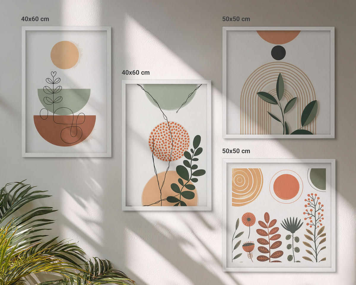 BILDER SET 4er Set - 50x50 cm & 40x60 cm Weißer Rahmen - Abstrakte Pflanzenformen - Weiß, Kunststoff (50/50cm) - TULUP