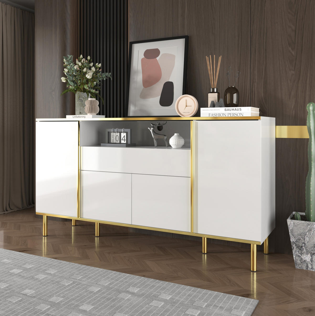 SIDEBOARD aus MDF/Spanplatte in Weiß Hochglanz mit LED, 4 Türen und Schublade, 150/40/80 cm, Weiß - Weiß, Holzwerkstoff (40/80/150cm) - Redom