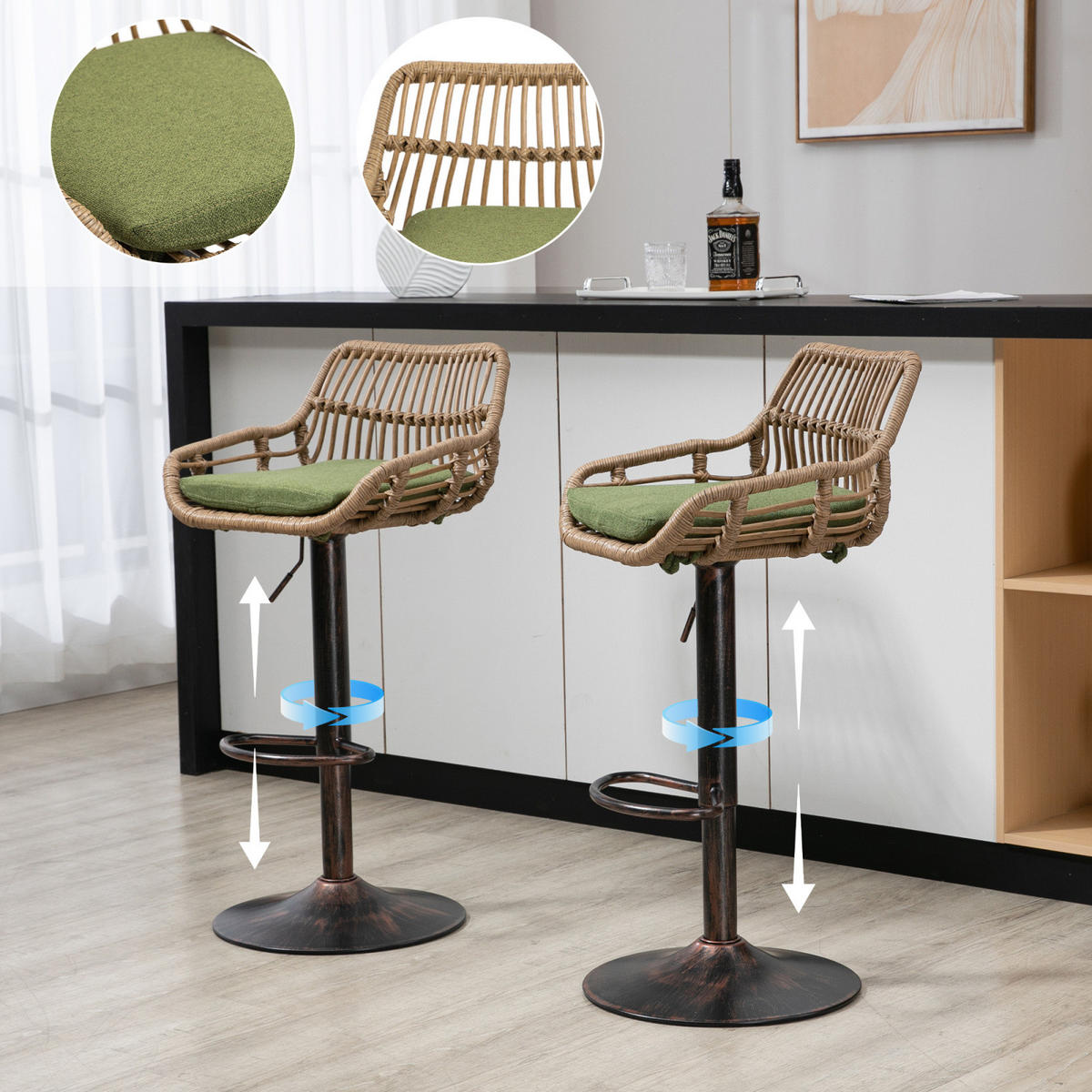BARHOCKER 2er Set Höhenverstellbar, 360° drehbar, Fußstütze, Rattan Grün - Grün, Metall (49/109/48cm) - PARAFTA HOME