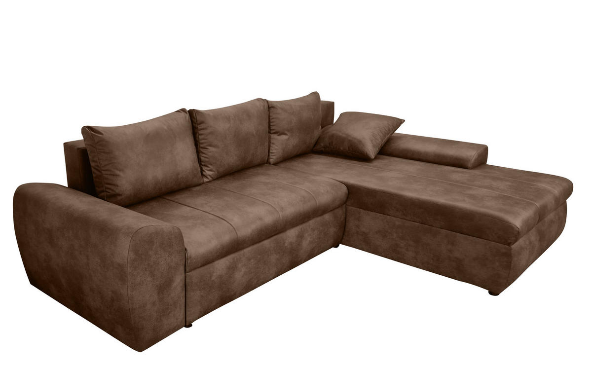 ECKSOFA mit Schlaffunktion, Bettkasten, Wellenunterfederung, Ottomane rechts B266/T186/H90 cm, Mikrofaser Leder-Optik Vintage Braun / 18011 - Schwarz/Braun, Kunststoff/Textil (266/186cm) - luma-home